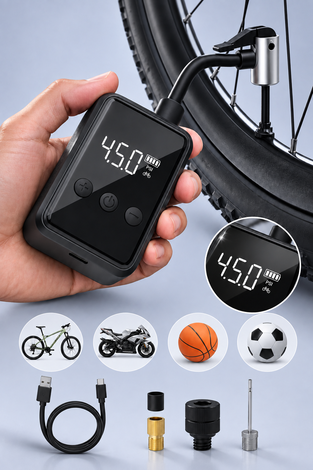 Inflador portátil recargable para bicicleta