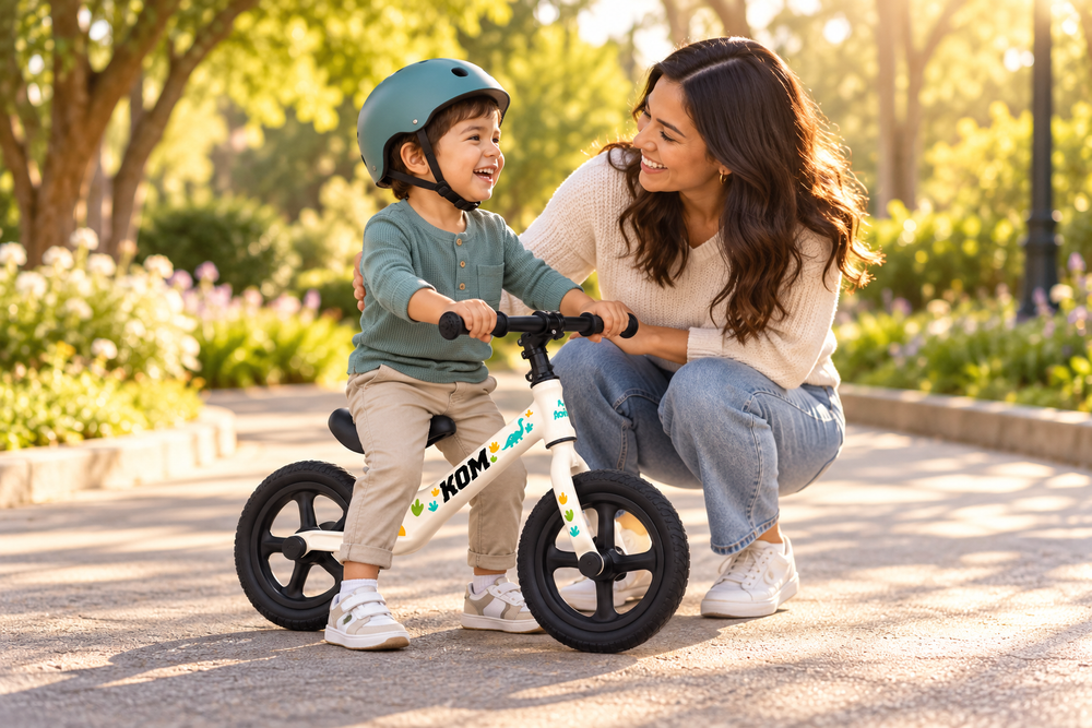 Escena de campaña creada con IA: niño con casco y un adulto junto a Mi Primera Bici blanca.